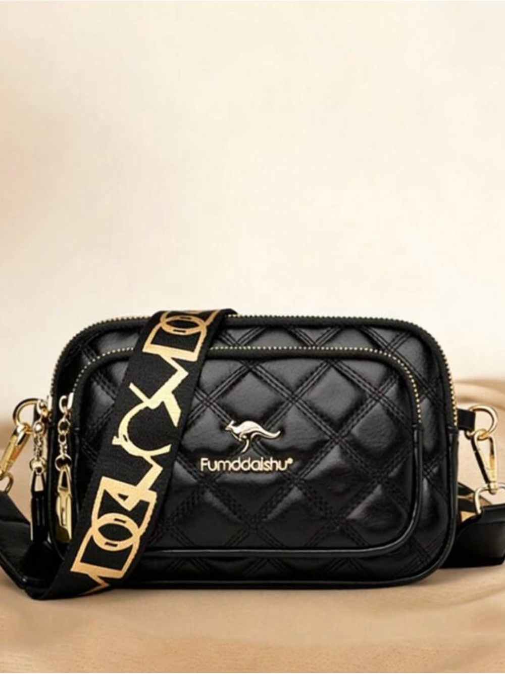 Quilted Black Crossbody Bag with Logo Strap